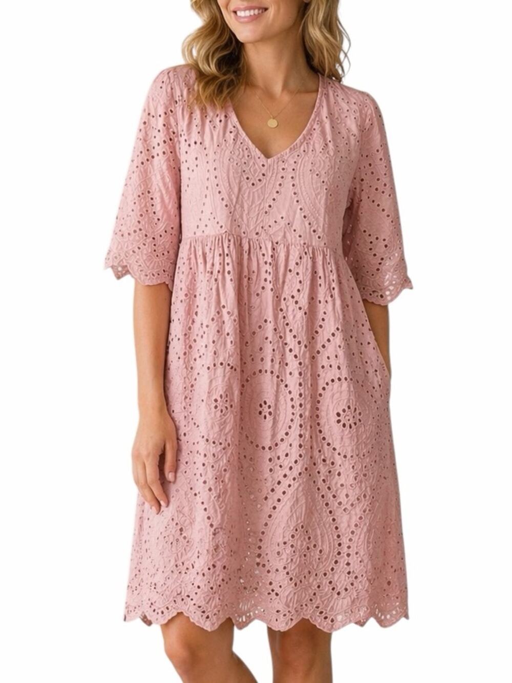 Maglificio Pink Eyelet Cotton Dress Made in Italy Size M Boho Summer Babydoll